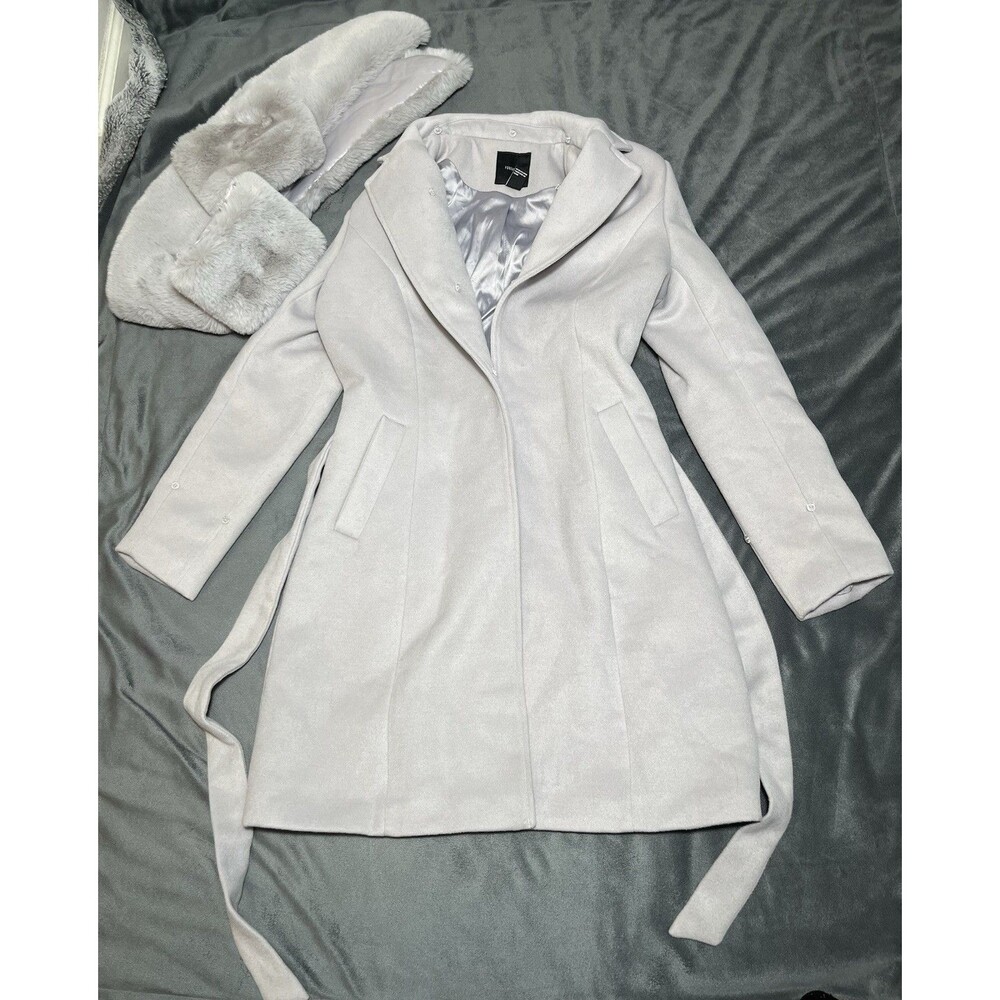 Forever21 Women Faux Fur-Trim Faux Suede Wrap Coat Sz M Grey - Picture 6 of 16